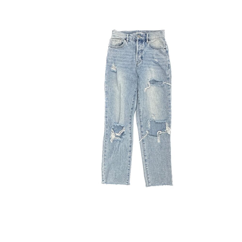 PacSun High Rise Straight Jeans Womens 24 Blue Distressed Button Fly Raw Hem